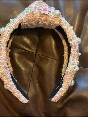 Chic Pink Tweed Pearl-Embellished Padded Headband Brianna Cannon